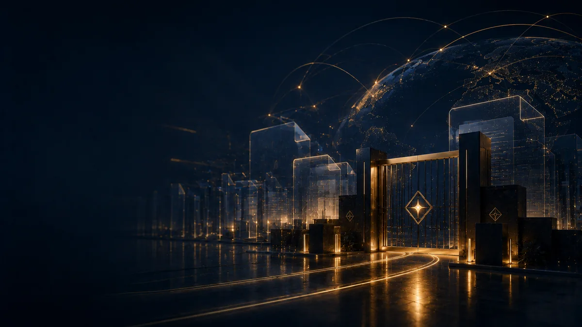 Verified international access — abstract institutional gateway scene